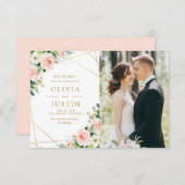 ピンクの赤面フローラgeometric save date card セーブザデート (正面/裏面)