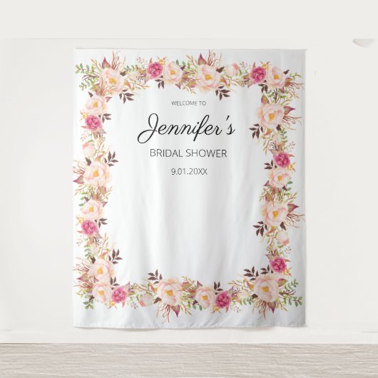 ピンクの赤面咲くフローラブライダルシャワーまたはパーティー タペストリー (正面)
