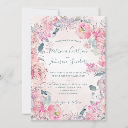 ピンクの赤面牡丹の水色の結婚花束 招待状 (正面)