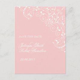 ピンクの赤面繊細なヴィンテージの結婚式の日付を保存 案内ポストカード
