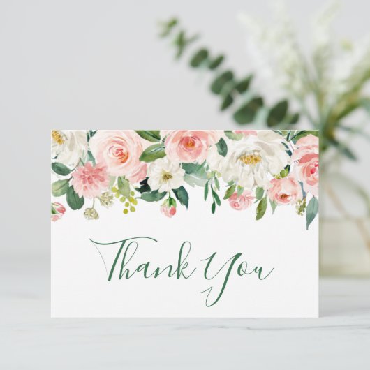 ピンクの赤面花の緑のフローラ サンキューカード (スタンド正面)