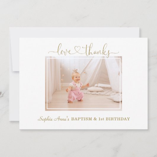 ピンクの赤面花ガール写真1st誕生日バプテスマ サンキューカード (正面)