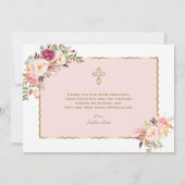 ピンクの赤面花ガール写真1st誕生日バプテスマ サンキューカード (裏面)