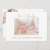 ピンクの赤面花ガール写真1st誕生日バプテスマ サンキューカード (正面/裏面)