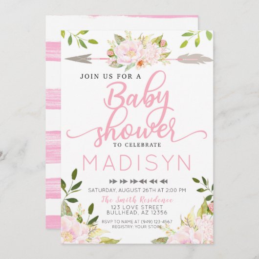 ピンクの赤面花ボヘミアンアローベイビーシャワー 招待状 (正面/裏面)