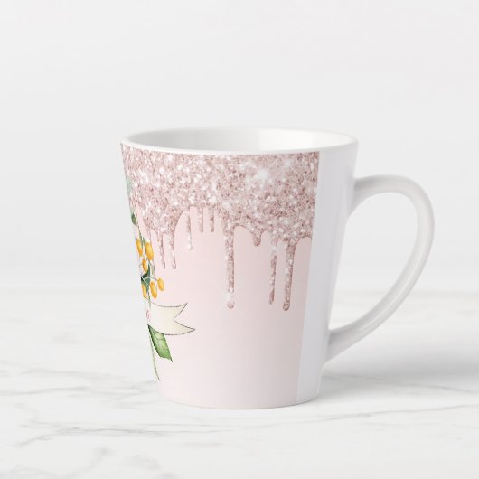 ピンクの赤面花模様のドライブ名 カフェラテマグ (右)