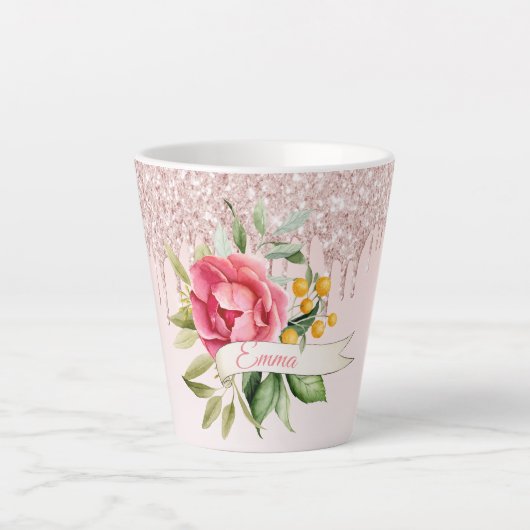 ピンクの赤面花模様のドライブ名 カフェラテマグ (正面)