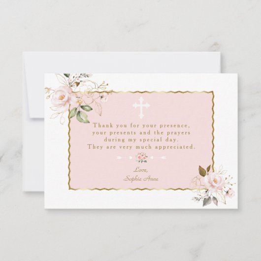 ピンクの赤面花金ゴールドフレームクロスバプテスマ サンキューカード (正面)