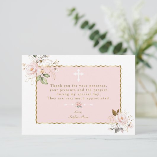 ピンクの赤面花金ゴールドフレームクロスバプテスマ サンキューカード (スタンド正面)