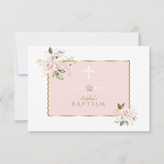 ピンクの赤面花金ゴールドフレームクロスバプテスマ サンキューカード (裏面)