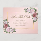 ピンクの赤面金ゴールドフローラ結婚式の日付を保存 案内ポストカード (正面)