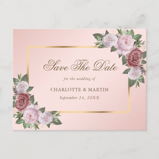 ピンクの赤面金ゴールドフローラ結婚式の日付を保存 案内ポストカード (正面)
