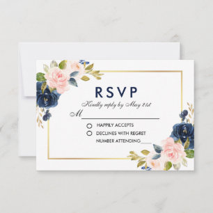 ピンクの赤面青い花の結婚RSVP 出欠カード