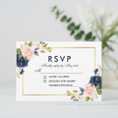 ピンクの赤面青い花の結婚RSVP 出欠カード (スタンド正面)