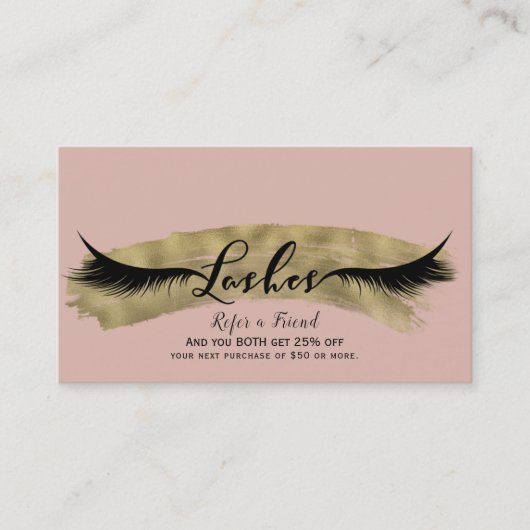 ピンクの赤面&光沢のある金ゴールドまつげ友人を参照 紹介カード (正面)