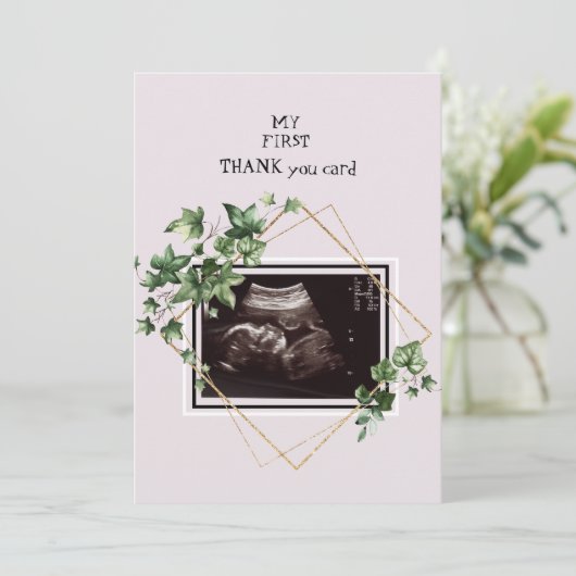 ピンクの超音波写真ありがとうベビーの視点 サンキューカード (スタンド正面)