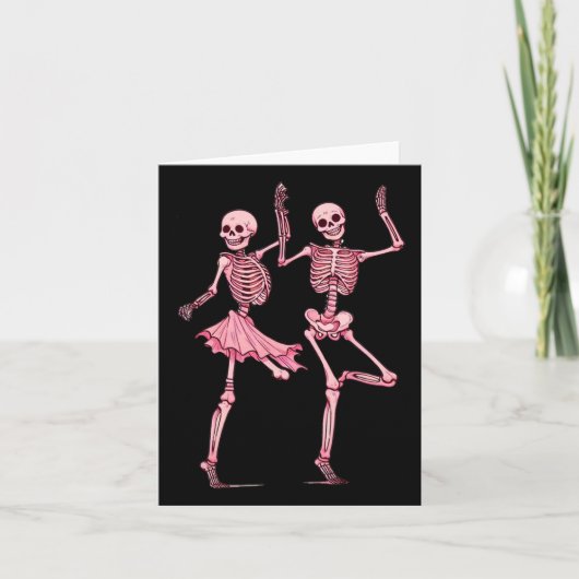 ピンクの踊りスケルトン死んだハロウィーンのダンスデー カード (正面)