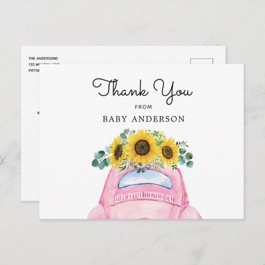 ピンクの車とヒマワリありがとう ポストカード (正面/裏面)