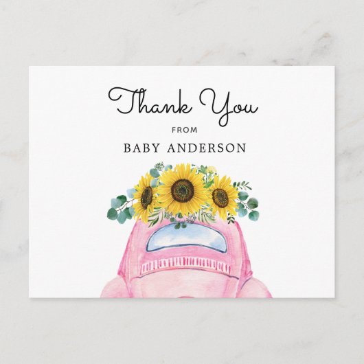 ピンクの車とヒマワリありがとう ポストカード (正面)