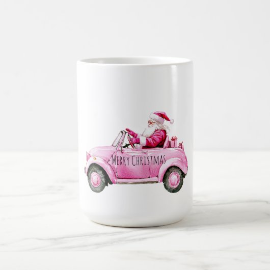 ピンクの車に乗ったおしゃれなサンタのクリスマス コーヒーマグカップ (中央)