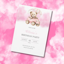 ピンクの車に乗ったウォーターカラーのテディベアの誕生日