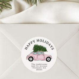 ピンクの車のクリスマスツリーの返送先住所ラベル ラウンドシール