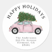 ピンクの車のクリスマスツリーの返送先住所ラベル ラウンドシール (正面)