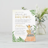 ピンクの車の女の子ベビーシャワーでドライブするサファリ動物 招待状 (スタンド正面)