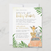 ピンクの車の女の子ベビーシャワーでドライブするサファリ動物 招待状 (正面)