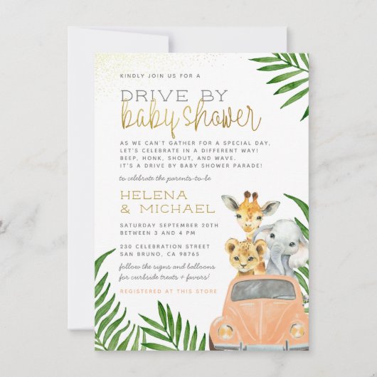 ピンクの車の女の子ベビーシャワーでドライブするサファリ動物 招待状 (正面)