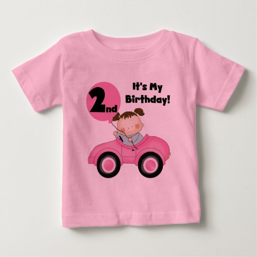 ピンクの車の女の子2nd誕生日Tシャツとギフト ベビーTシャツ (正面)