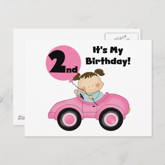 ピンクの車の女の子2nd誕生日Tシャツとギフト ポストカード (正面/裏面)