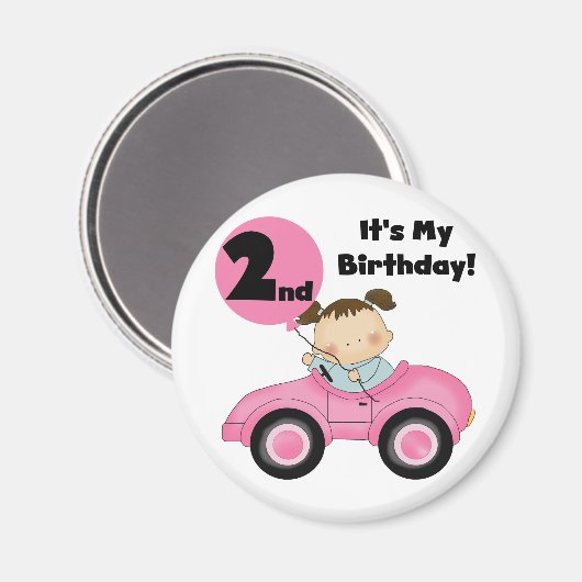 ピンクの車の女の子2nd誕生日Tシャツとギフト マグネット (正面/裏面)