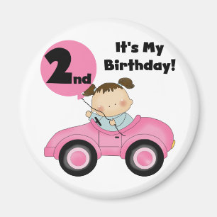 ピンクの車の女の子2nd誕生日Tシャツとギフト マグネット
