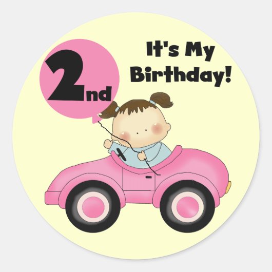 ピンクの車の女の子2nd誕生日Tシャツとギフト ラウンドシール (正面)