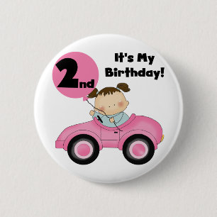 ピンクの車の女の子2nd誕生日Tシャツとギフト 缶バッジ