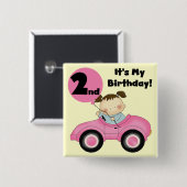 ピンクの車の女の子2nd誕生日Tシャツとギフト 缶バッジ (正面&裏面)