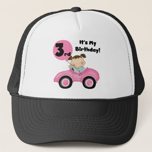 ピンクの車の女の子3rd誕生日Tシャツとギフト キャップ (正面)