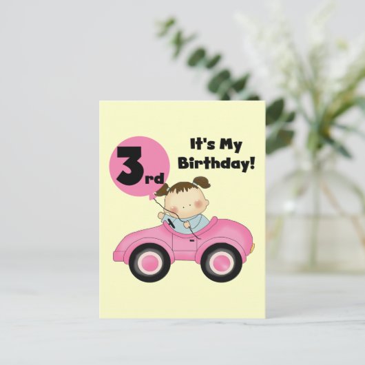 ピンクの車の女の子3rd誕生日Tシャツとギフト ポストカード (スタンド正面)
