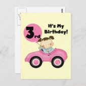 ピンクの車の女の子3rd誕生日Tシャツとギフト ポストカード (正面/裏面)