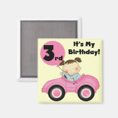 ピンクの車の女の子3rd誕生日Tシャツとギフト マグネット (正面/裏面)