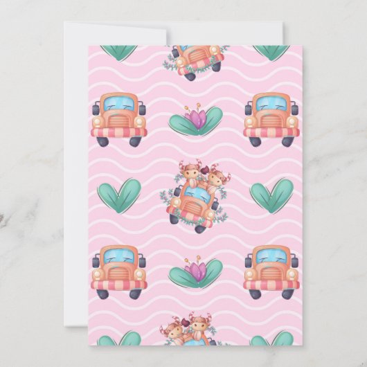 ピンクの車の聖なる牛私たちは双子の赤ちゃんシャワーを持っている 招待状 (裏面)