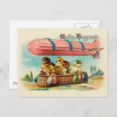 ピンクの軟式小型飛行船のヴィンテージイースターのひよこ シーズンポストカード (正面/裏面)