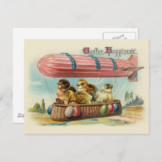 ピンクの軟式小型飛行船のヴィンテージイースターのひよこ シーズンポストカード (正面/裏面)