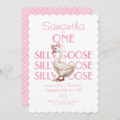 ピンクの軽薄なワン シリ― グース ガール 1歳の誕生日 招待状 (正面/裏面)
