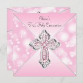ピンクの輝きが最初の聖餐式をクロス 招待状 (正面/裏面)