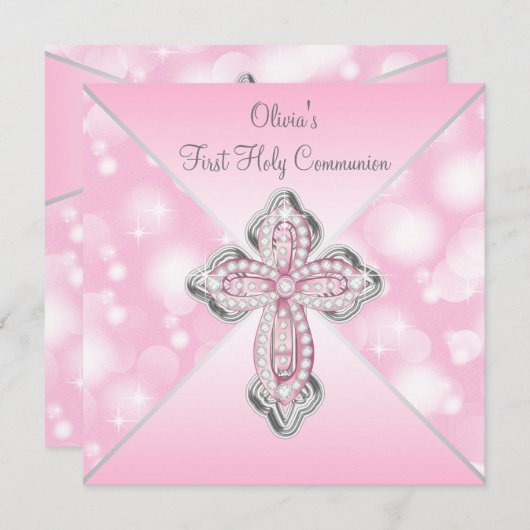 ピンクの輝きが最初の聖餐式をクロス 招待状 (正面/裏面)