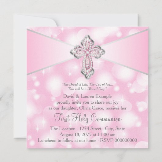 ピンクの輝きが最初の聖餐式をクロス 招待状 (裏面)