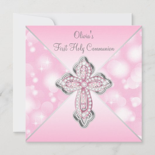ピンクの輝きが最初の聖餐式をクロス 招待状 (正面)