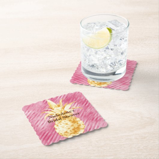 ピンクの輝きのあるストライプ ゴールドトロピカルパイナップル ペーパーコースター (インサイチュ)